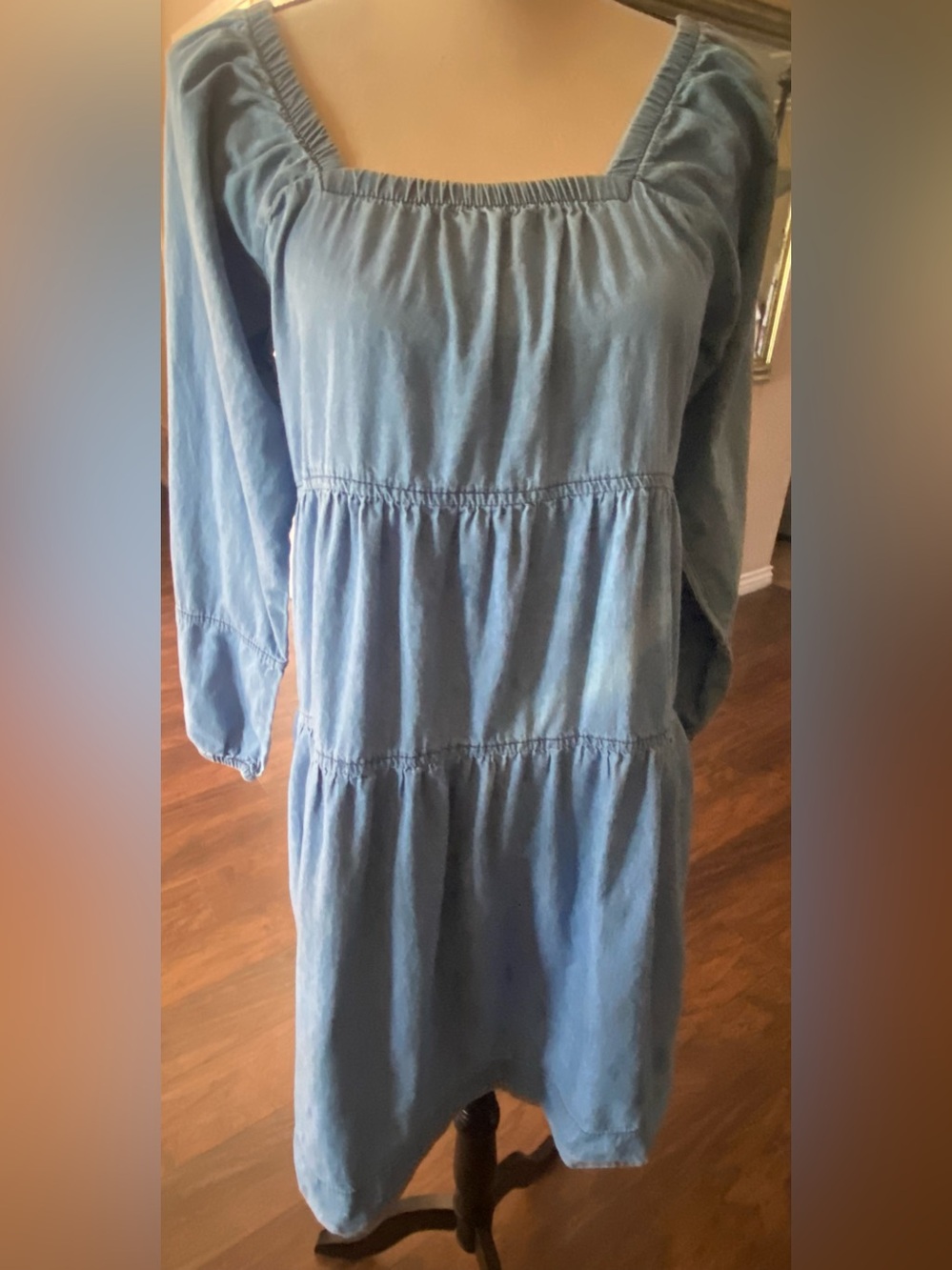 Square-Neck Light Denim Blue Tiered Mini Dress